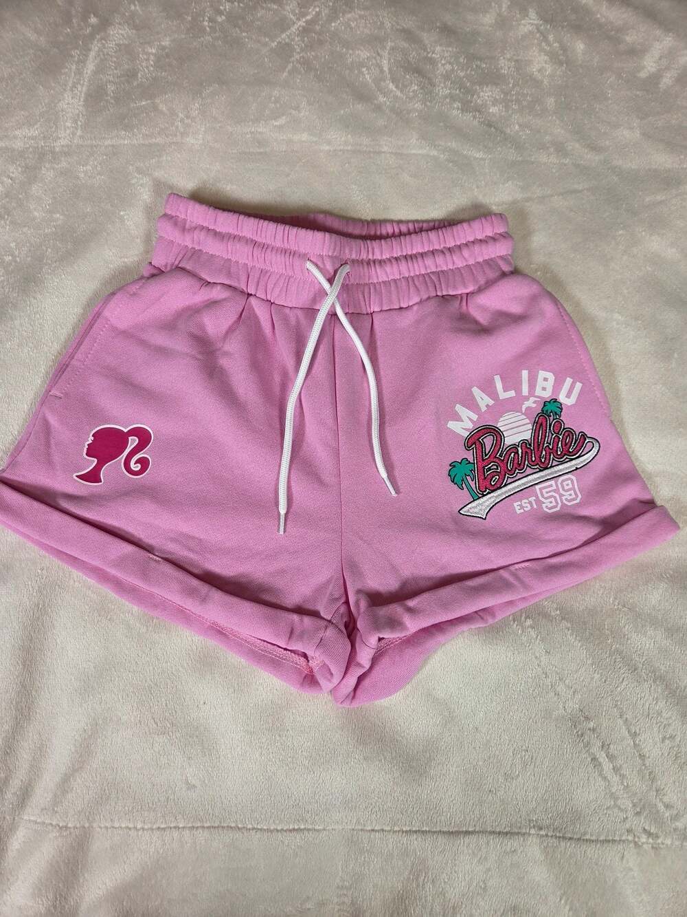 Barbie Malibu Est 59 Pink Fleece Lounge Shorts Size Small